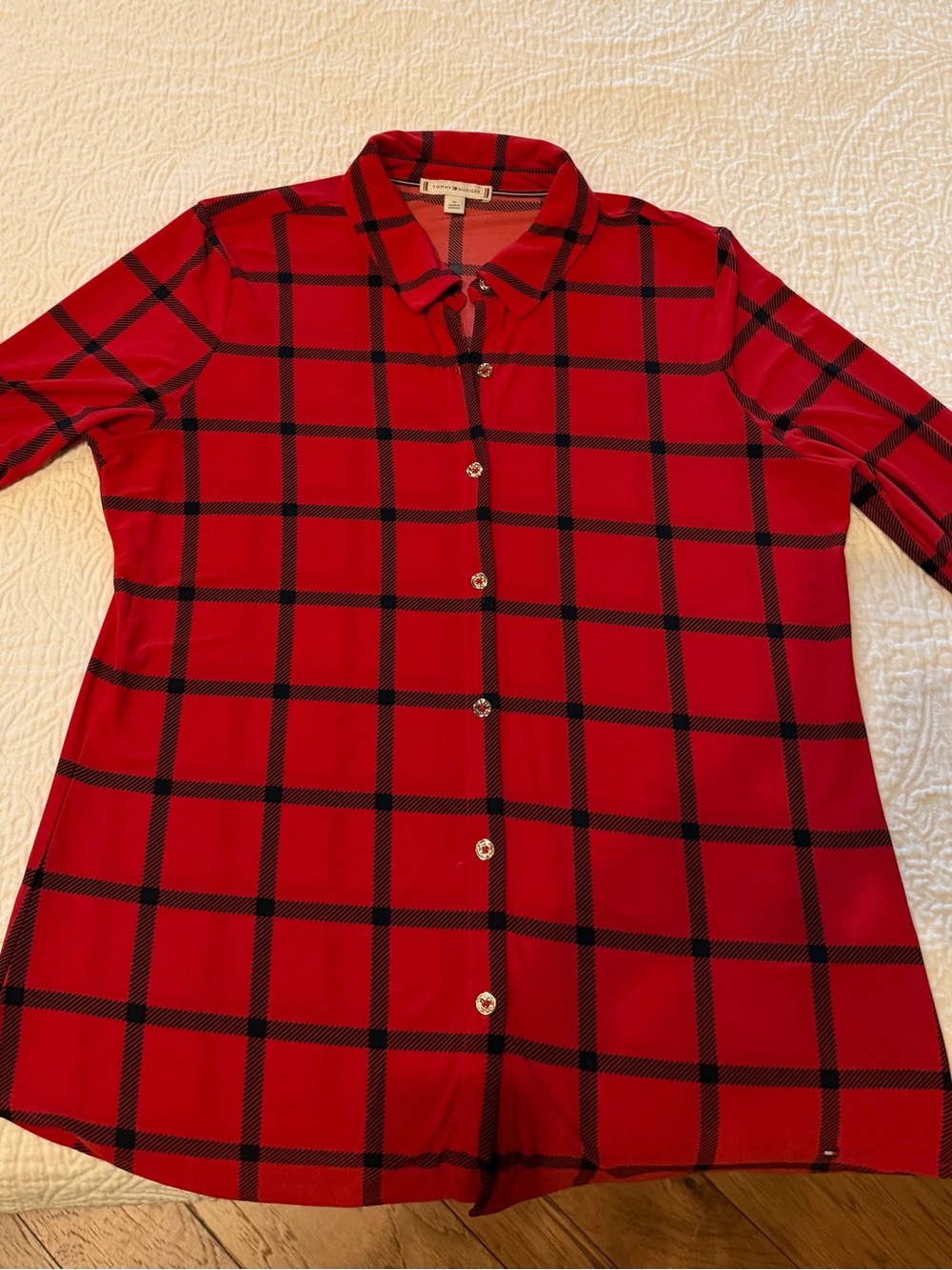 Tommy Hilfiger Red and Black Plaid Long Sleeve Button-Up Dress